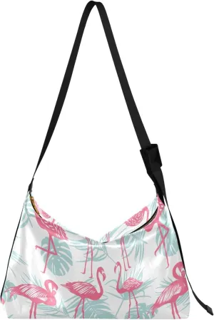 Pink Flamingo Palm Leaves Leather Hobo Purses for Women Large Crossbody Purses Animal Print Crossbody Hobo Handbag