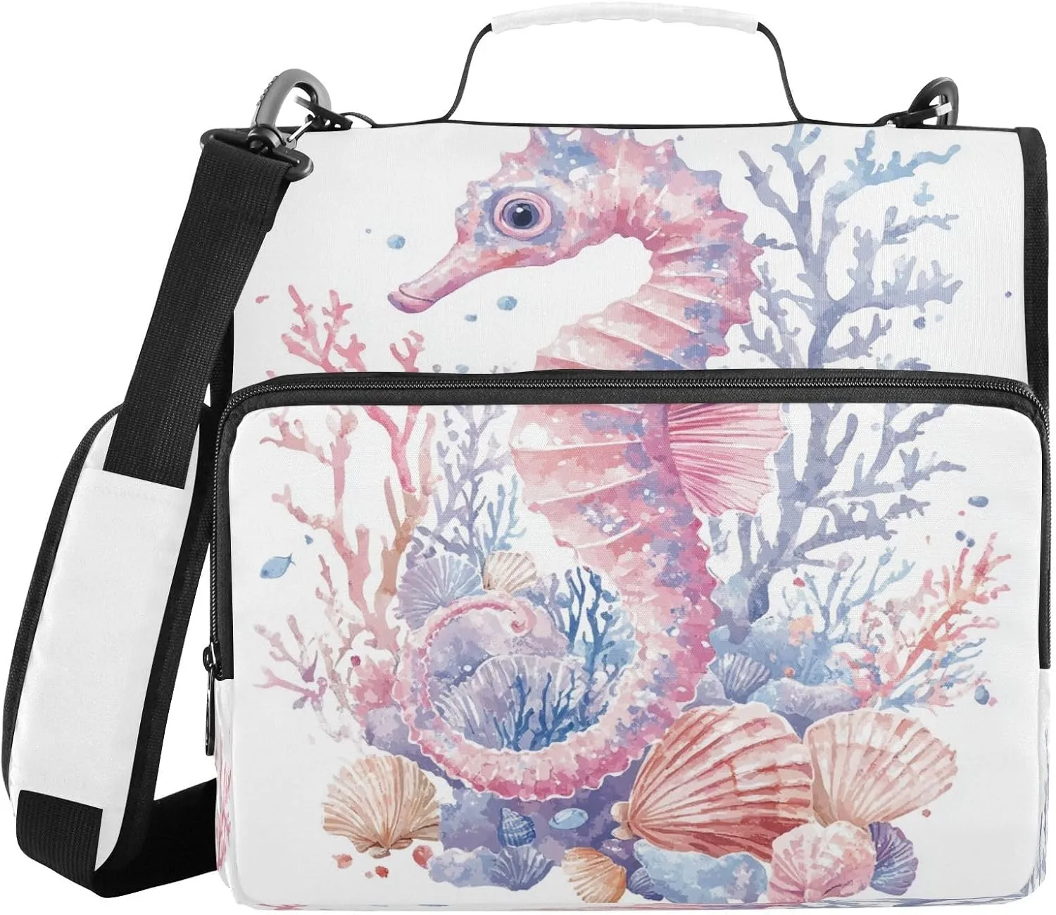 Pink Seahorse Coral Shells 3 Ring Zipper Binder with Shoulder Strap Portfolio Binder Case for School Office Document Storage