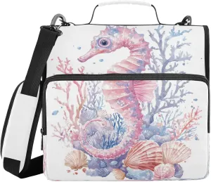 Pink Seahorse Coral Shells 3 Ring Zipper Binder with Shoulder Strap Portfolio Binder Case for School Office Document Storage