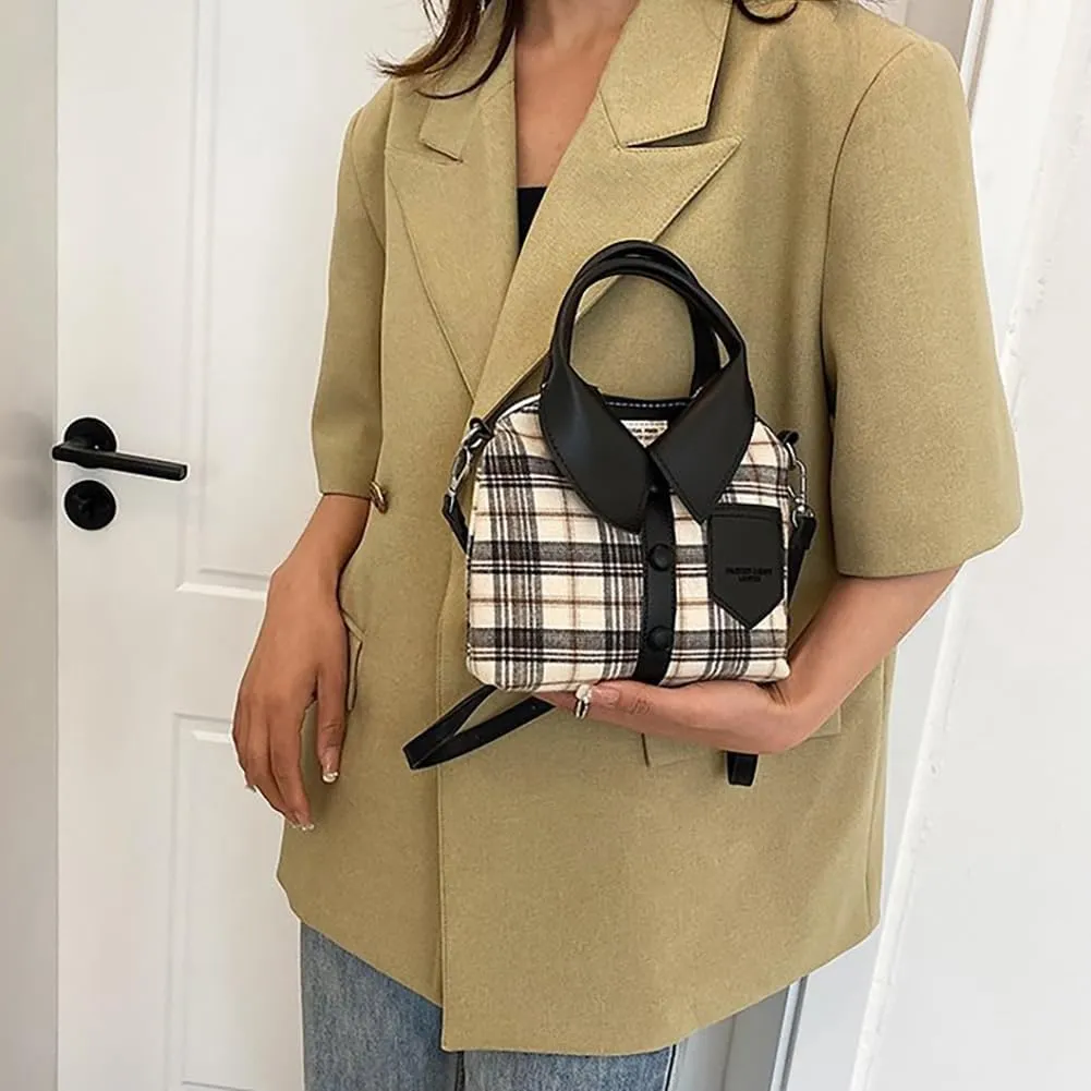 Plaid Print Shirt Shaped Top-Handle Handbag,Novelty Unique Clothes Style Shoulder Bag, Funny Retro Leather Crossbody Satchel
