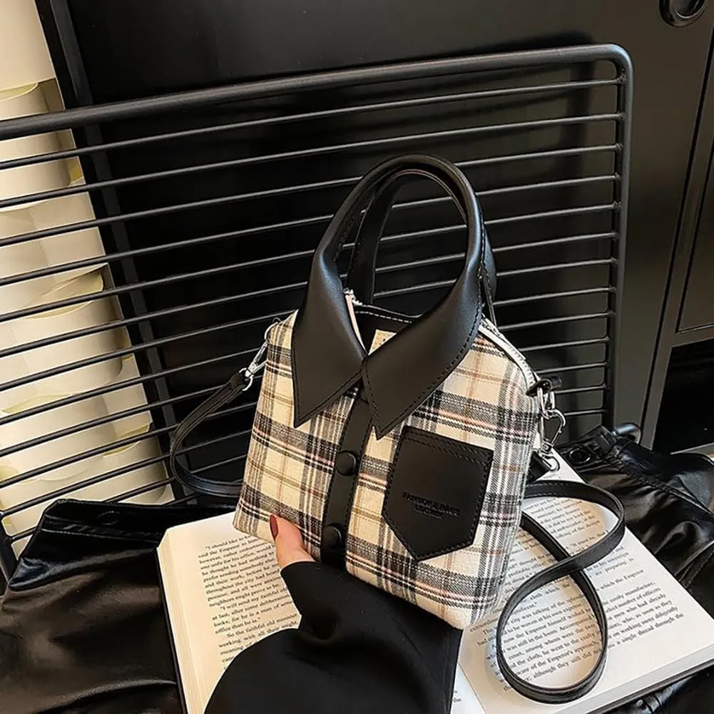 Plaid Print Shirt Shaped Top-Handle Handbag,Novelty Unique Clothes Style Shoulder Bag, Funny Retro Leather Crossbody Satchel
