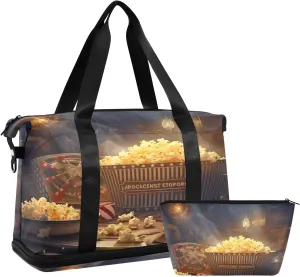 Popcorn Cinema Gym Bag - Weekender Overnight Bags for Women Men, Sport Travel Duffel Bag with Wet Pocket & Shoe Compartment