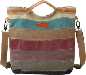 PORRASSO Canvas Handbag Crossbody Bag Multi-Color Striped Shoulder Bag Satchel Ladies Hobo Tote for Travel Work Shopping Daily Use Multicolor