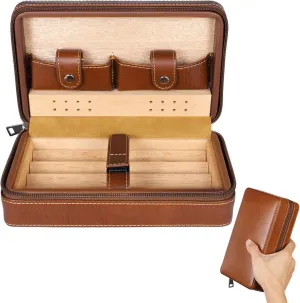 Portable Leather Humidor Cedar Wood Finish, Fits 4 Cigars, Cedar Wood Lined 4-Cigar Humidor Case, Zippered Travel Bag for Cigars & Accessories