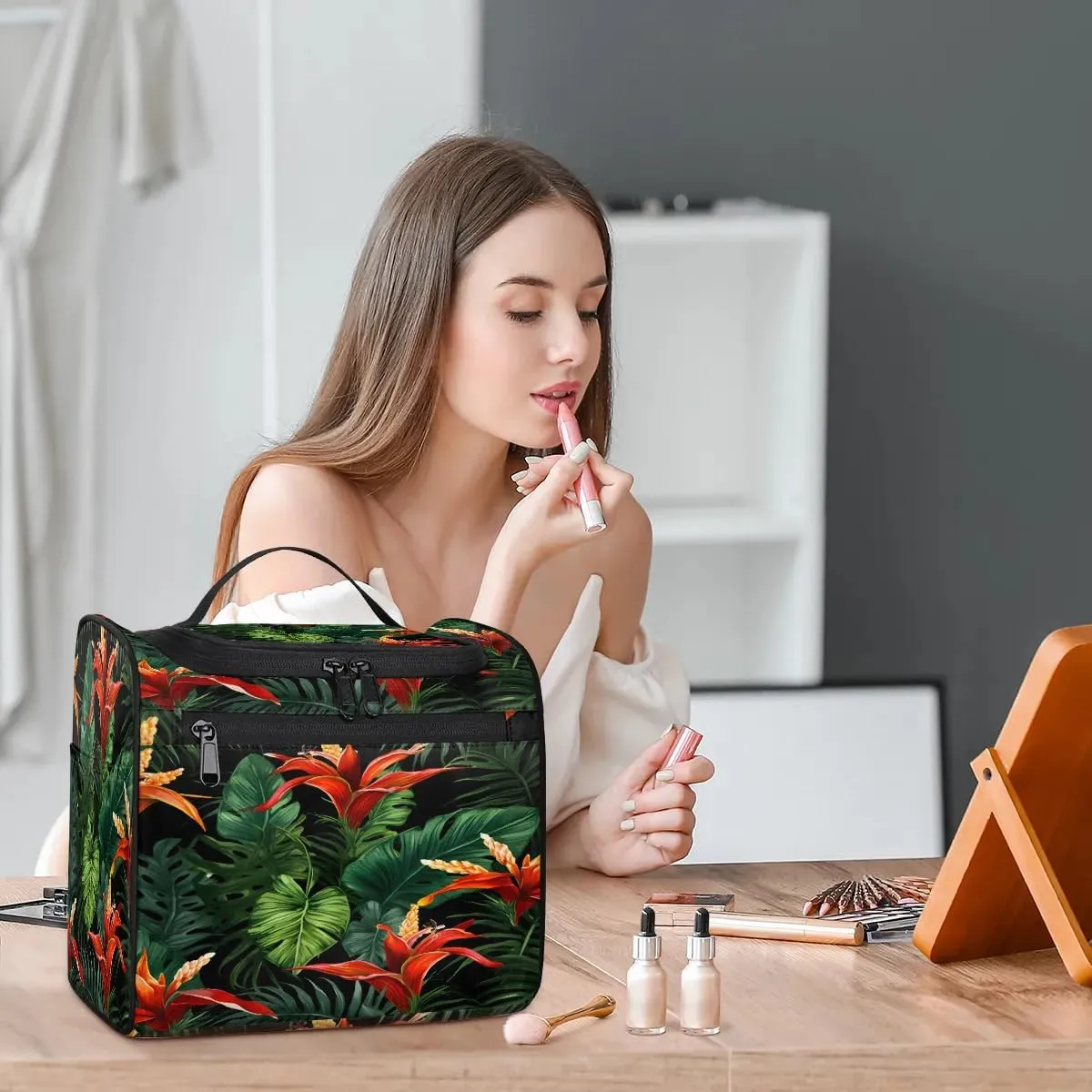 Portable Makeup Bag Cosmetic Bags for Women Fern Leaf Flower Cute Waterproof Hanging Toiletry Bag Organizer cosmetics Bags