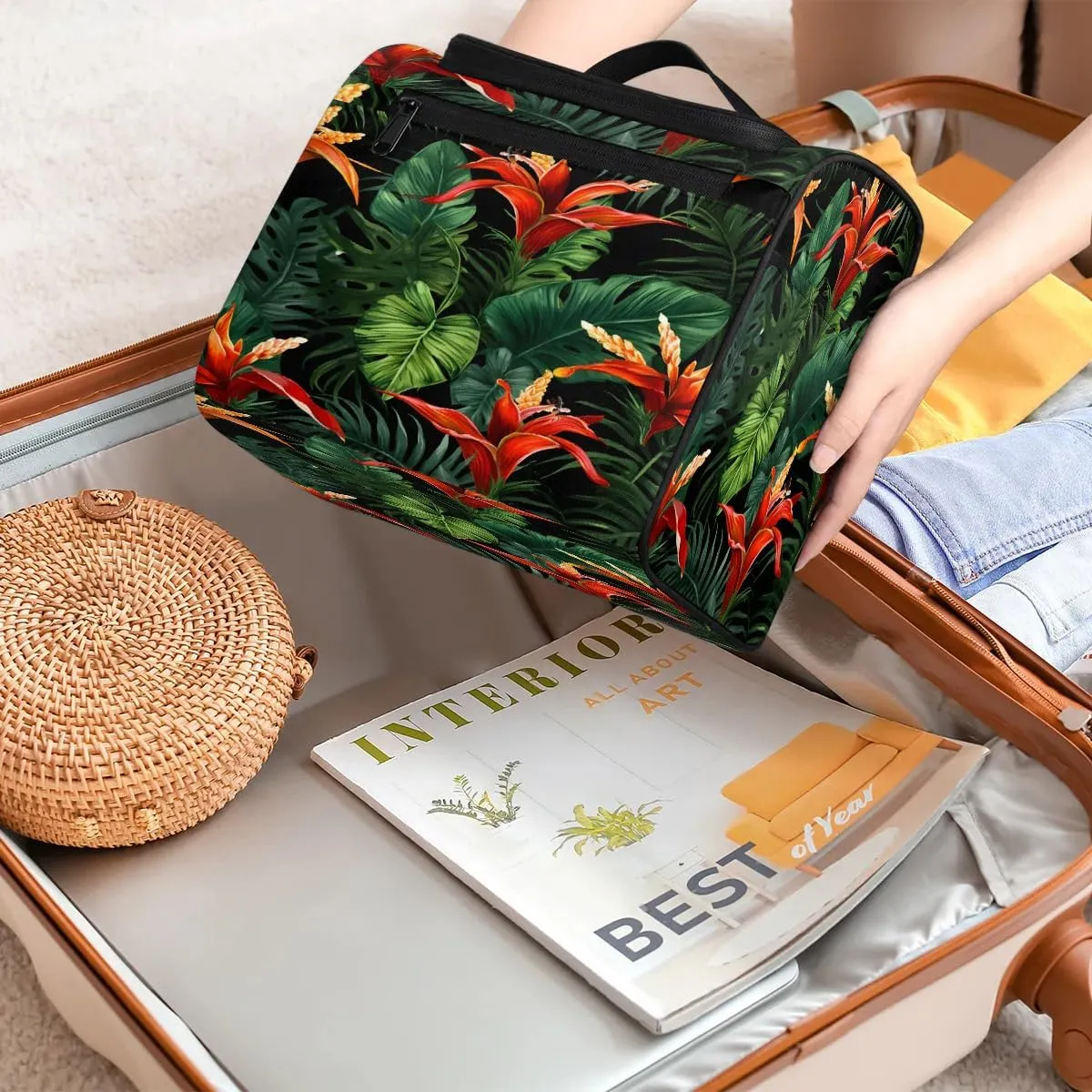 Portable Makeup Bag Cosmetic Bags for Women Fern Leaf Flower Cute Waterproof Hanging Toiletry Bag Organizer cosmetics Bags