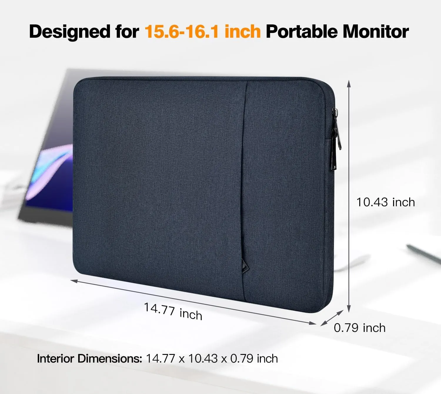 Portable Monitor Sleeve 15.6 16.1 inch, Padded Shockproof Carrying Case Bag for 15.6-16.1 inch Portable Display Monitors, Water-Resistant Laptop Bag Cover with Accessory Pocket -Navy Blue