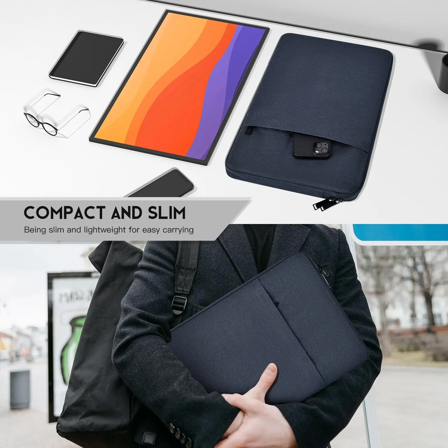 Portable Monitor Sleeve 15.6 16.1 inch, Padded Shockproof Carrying Case Bag for 15.6-16.1 inch Portable Display Monitors, Water-Resistant Laptop Bag Cover with Accessory Pocket -Navy Blue