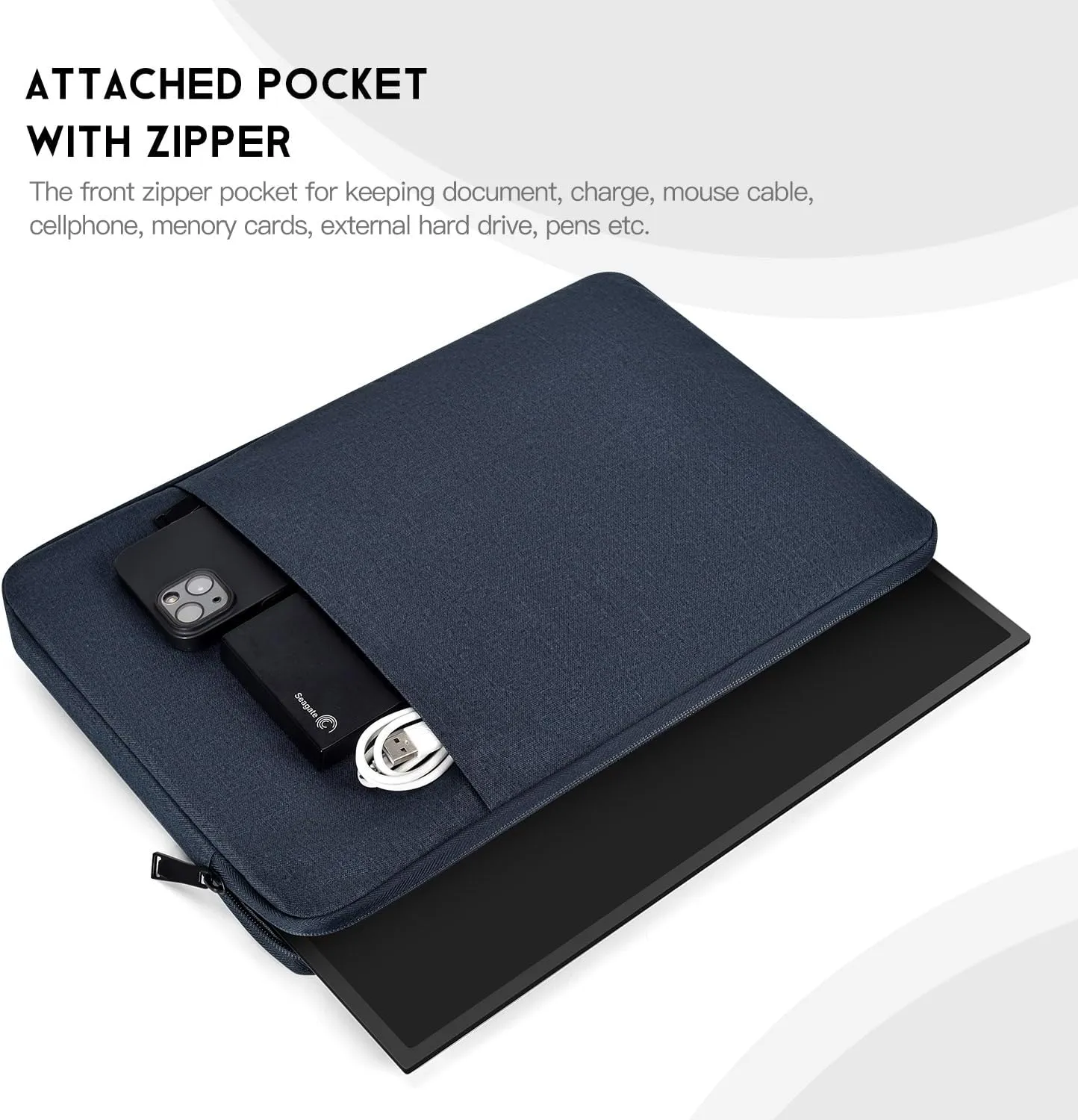 Portable Monitor Sleeve 15.6 16.1 inch, Padded Shockproof Carrying Case Bag for 15.6-16.1 inch Portable Display Monitors, Water-Resistant Laptop Bag Cover with Accessory Pocket -Navy Blue