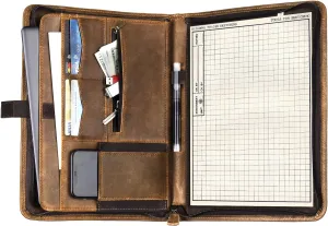 Portfolio Binder, Leather Portfolio Organizer with Zipper, Stylish Brown Padfolio for Men Women, for Business, Legal Pad Holder, A4/Pad Compatible, Professional Genuine Leather Folio Folder