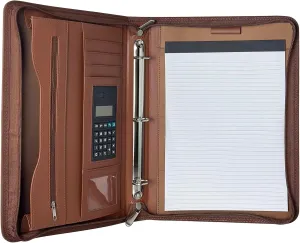 Portfolio Binder Organizer PU Leather Padfolio with 3 Ring Binder & Handle Zipper Padfolio for Documents Resume Tablet Business Cards Notebook Organizer Solar Calculator Included (Brown 3-Ring)