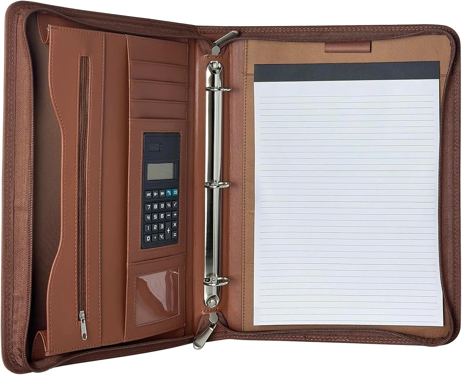 Portfolio Binder Organizer PU Leather Padfolio with 3 Ring Binder & Handle Zipper Padfolio for Documents Resume Tablet Business Cards Notebook Organizer Solar Calculator Included (Brown 3-Ring)