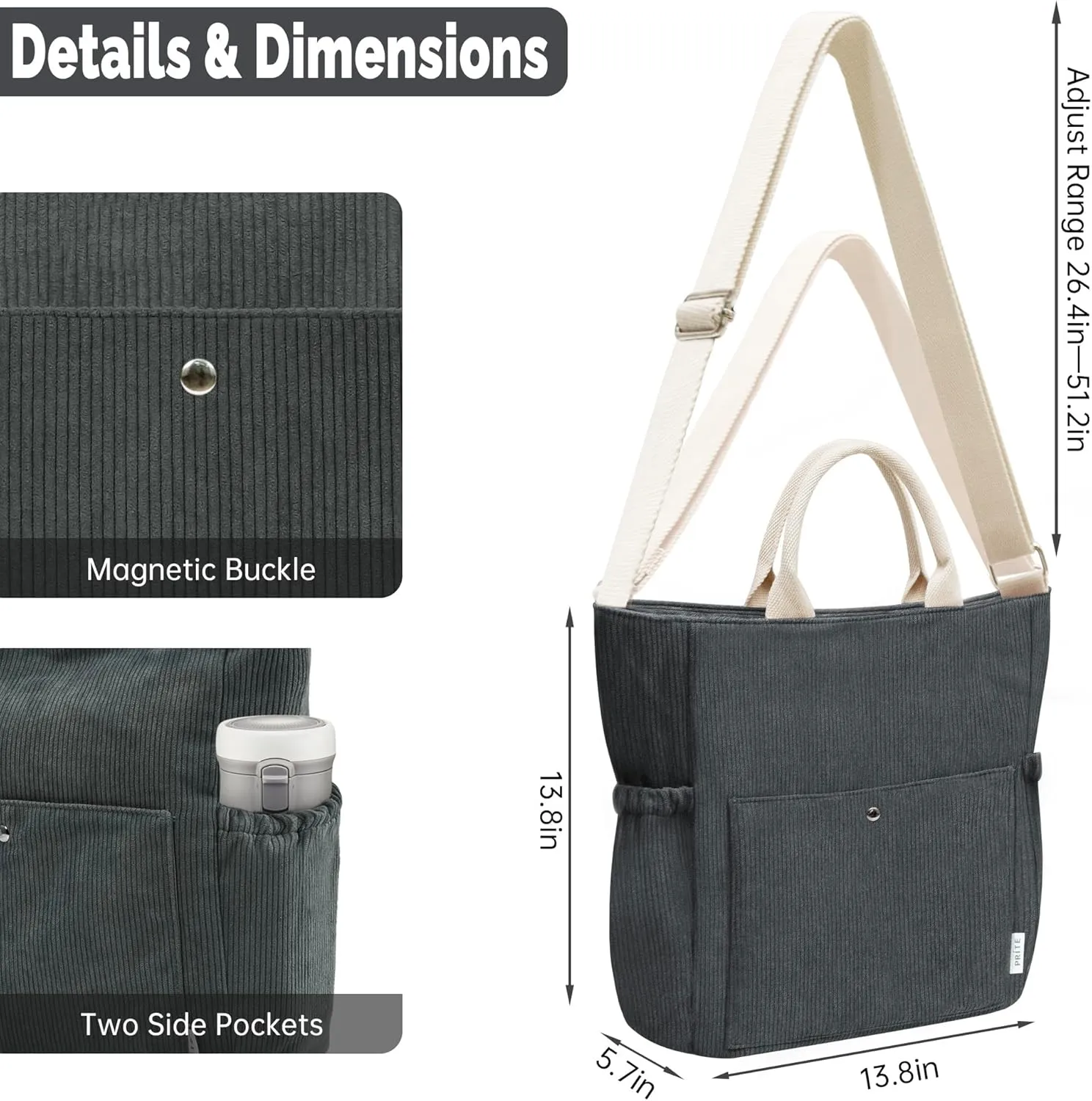 Prite Corduroy Tote Bag for Women, Large Zippered Messenger Bag with Pockets, Hobo Handbag for Shopping, Work, College
