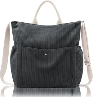 Prite Corduroy Tote Bag for Women, Large Zippered Messenger Bag with Pockets, Hobo Handbag for Shopping, Work, College