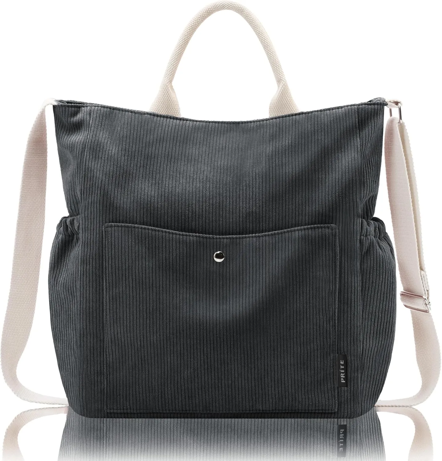 Prite Corduroy Tote Bag for Women, Large Zippered Messenger Bag with Pockets, Hobo Handbag for Shopping, Work, College