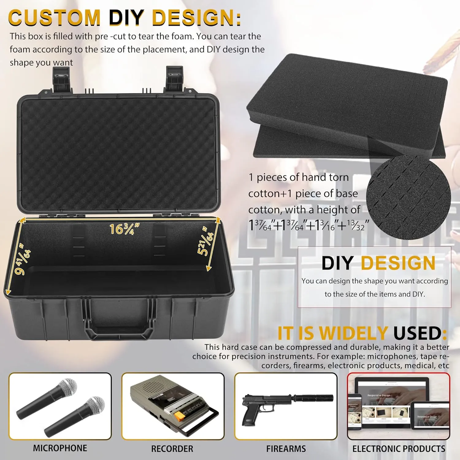 Protective Hard Case Shockproof Water-resistant with Customized DIY Foam fit for Camera, etc,17.3 X 11.5 X 6.5-Inch