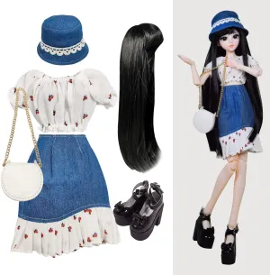 Proudoll 1/3 BJD Doll Clothes Outfit Set - Handcrafted Stylish Floral Blouse, Denim Skirt, Hat, Wig, Cross-Body Bag, and High Heel, Compatible with 1/3 60cm 24in SD Dolls