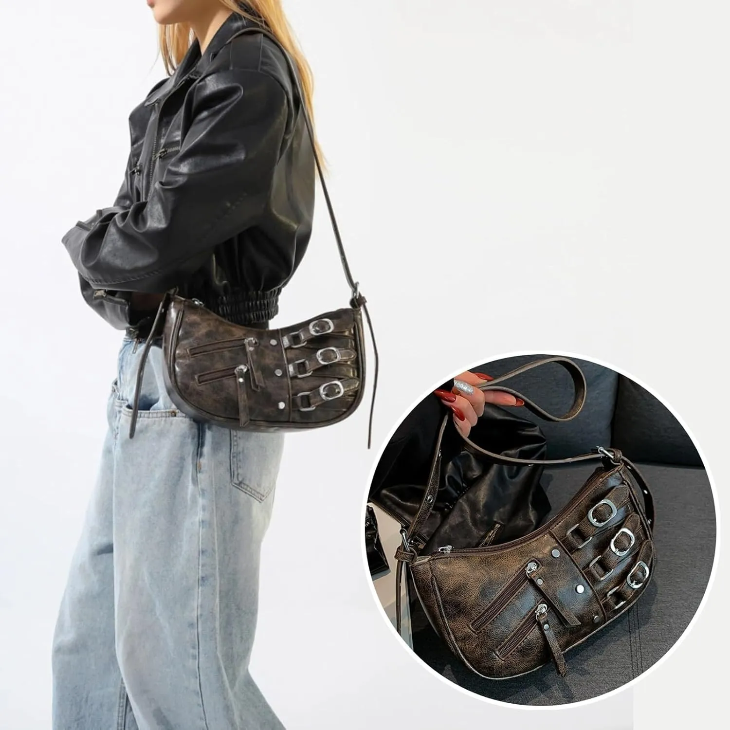 PU Leather Handbags For Women Rivet Shoulder with Adjustable Strap Cross Body Trendy Purse Crossbody Bags