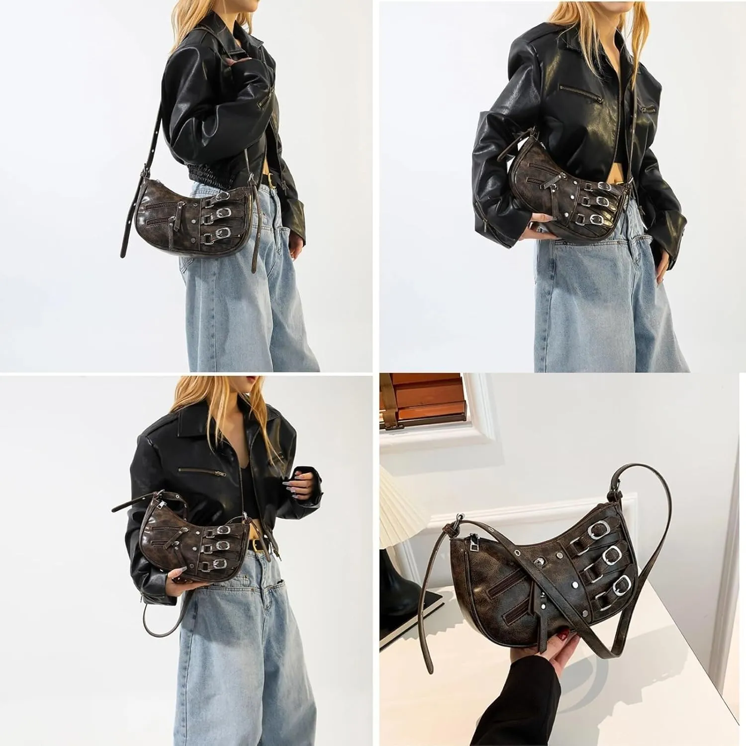 PU Leather Handbags For Women Rivet Shoulder with Adjustable Strap Cross Body Trendy Purse Crossbody Bags