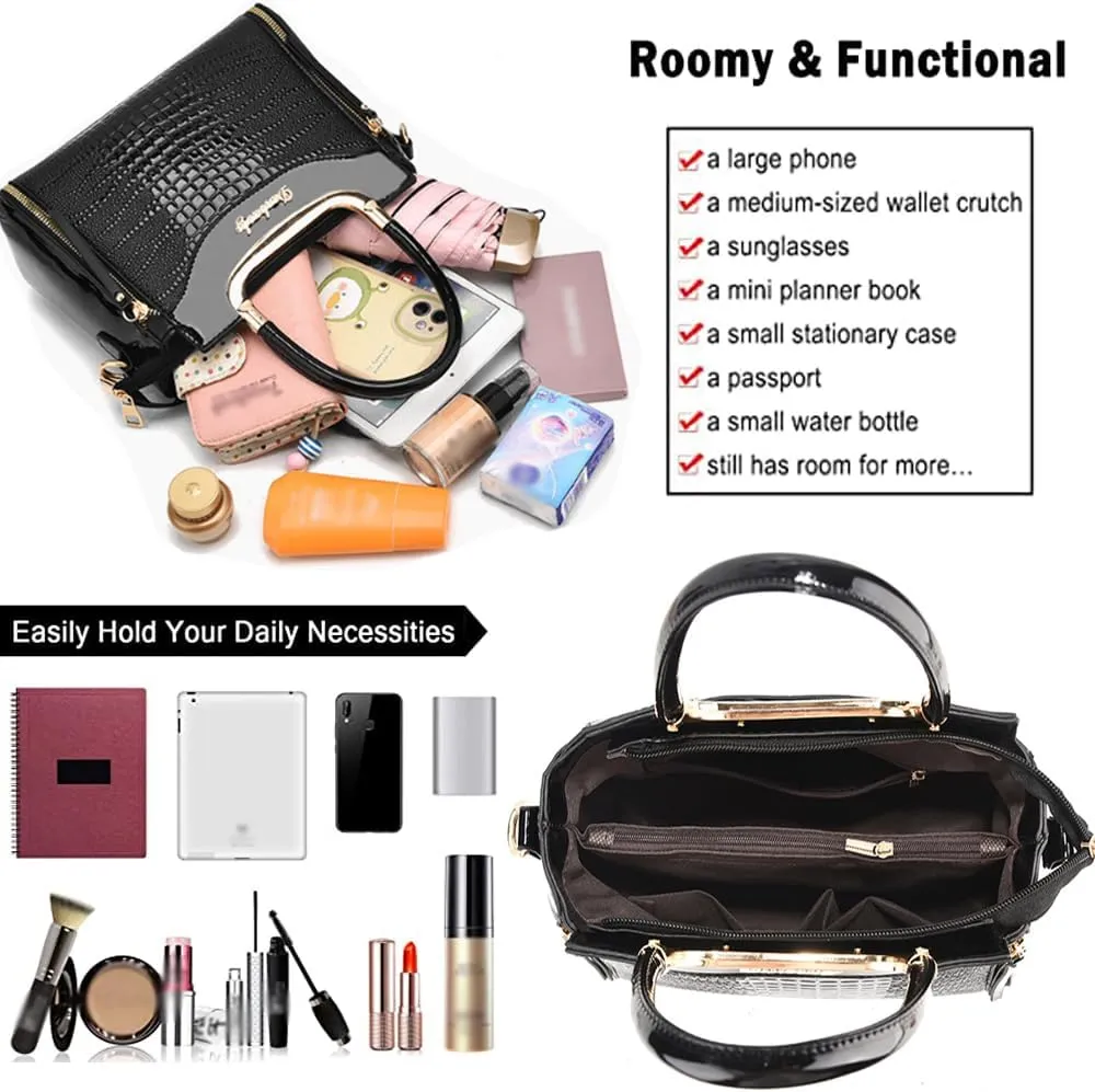 PU Patent Leather Handbags for Women Crocodile Pattern Purses Satchel Handbag Shoulder Crossbody Bag Medium Tote Bag