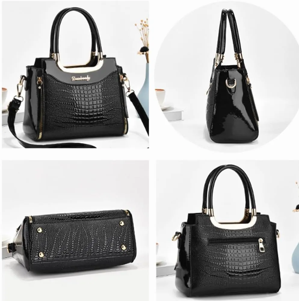 PU Patent Leather Handbags for Women Crocodile Pattern Purses Satchel Handbag Shoulder Crossbody Bag Medium Tote Bag