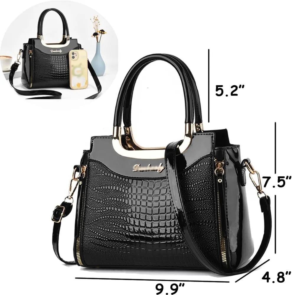 PU Patent Leather Handbags for Women Crocodile Pattern Purses Satchel Handbag Shoulder Crossbody Bag Medium Tote Bag