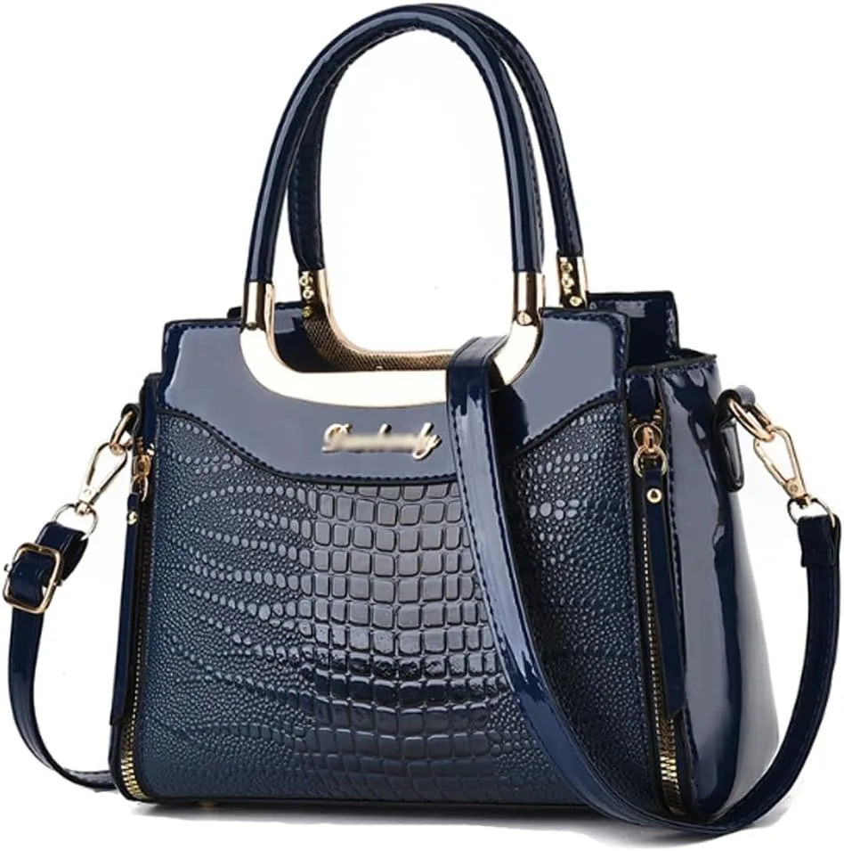 PU Patent Leather Handbags for Women Crocodile Pattern Purses Satchel Handbag Shoulder Crossbody Bag Medium Tote Bag