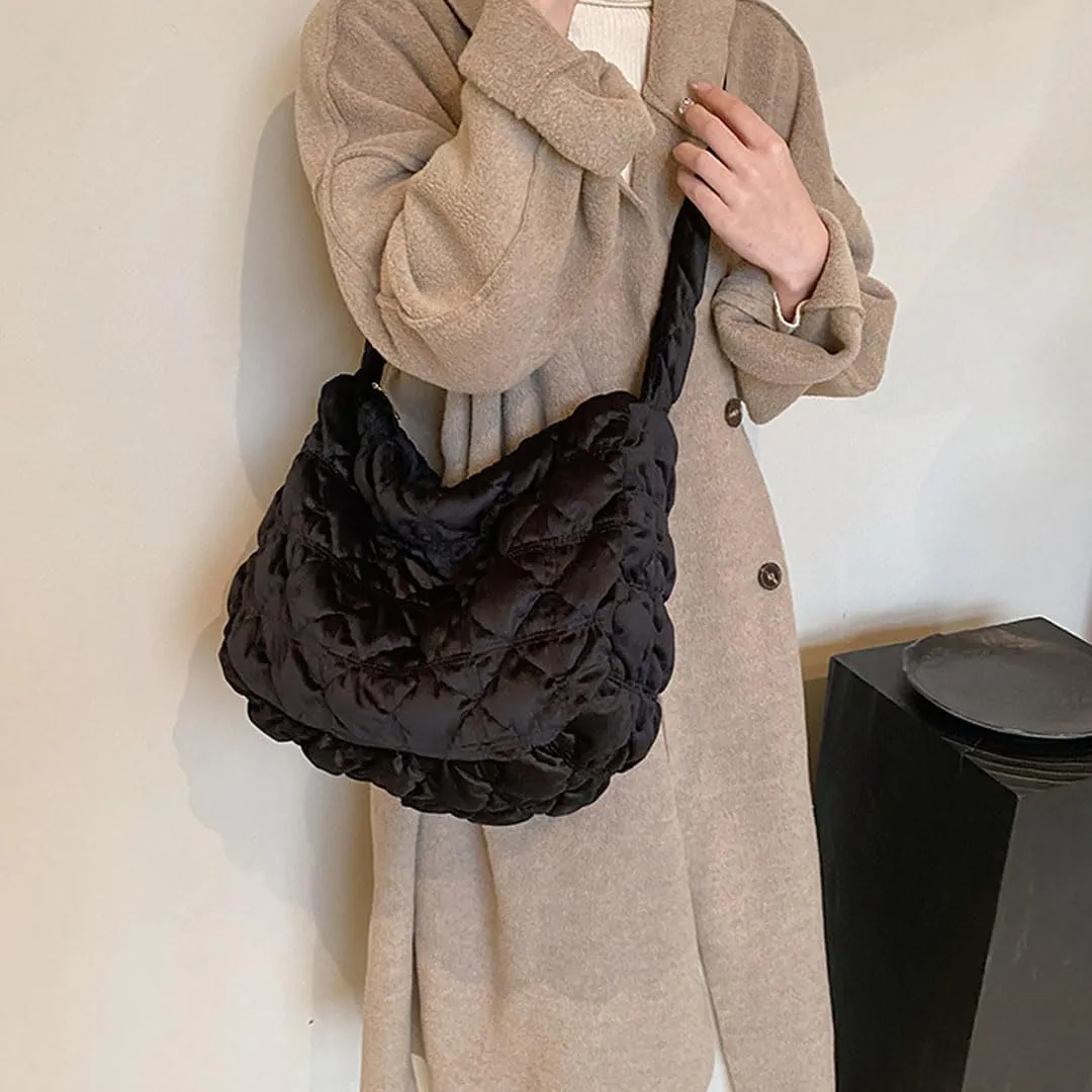 Puffer Tote Bag for Women Quilted Crossbody Bag Puff Shoulder Bag Puffy Purse Lightweight Velvet Bubble Hobo Handbag