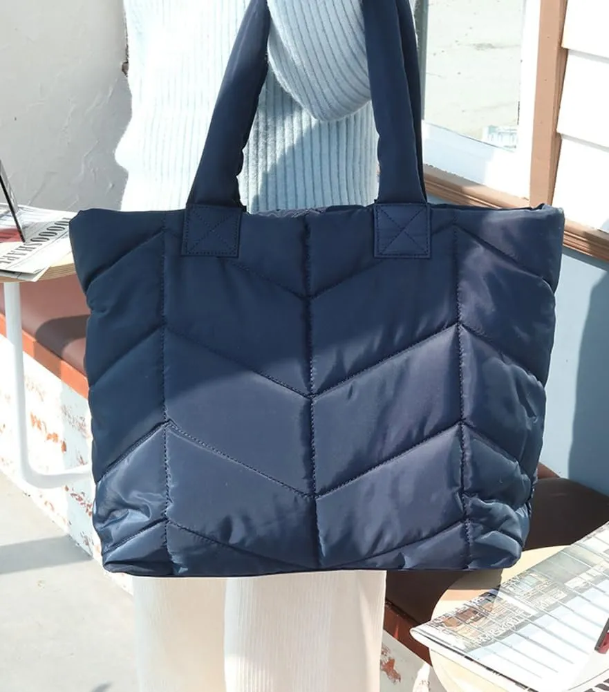 Puffer Tote Bag for Women Quilted Puffy Handbag Winter Down Cotton Padded Work Shoulder Bag Top Handle Purse