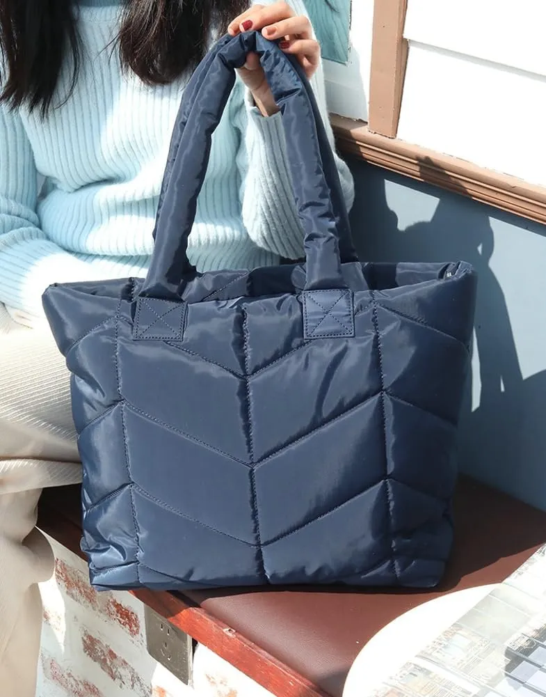 Puffer Tote Bag for Women Quilted Puffy Handbag Winter Down Cotton Padded Work Shoulder Bag Top Handle Purse