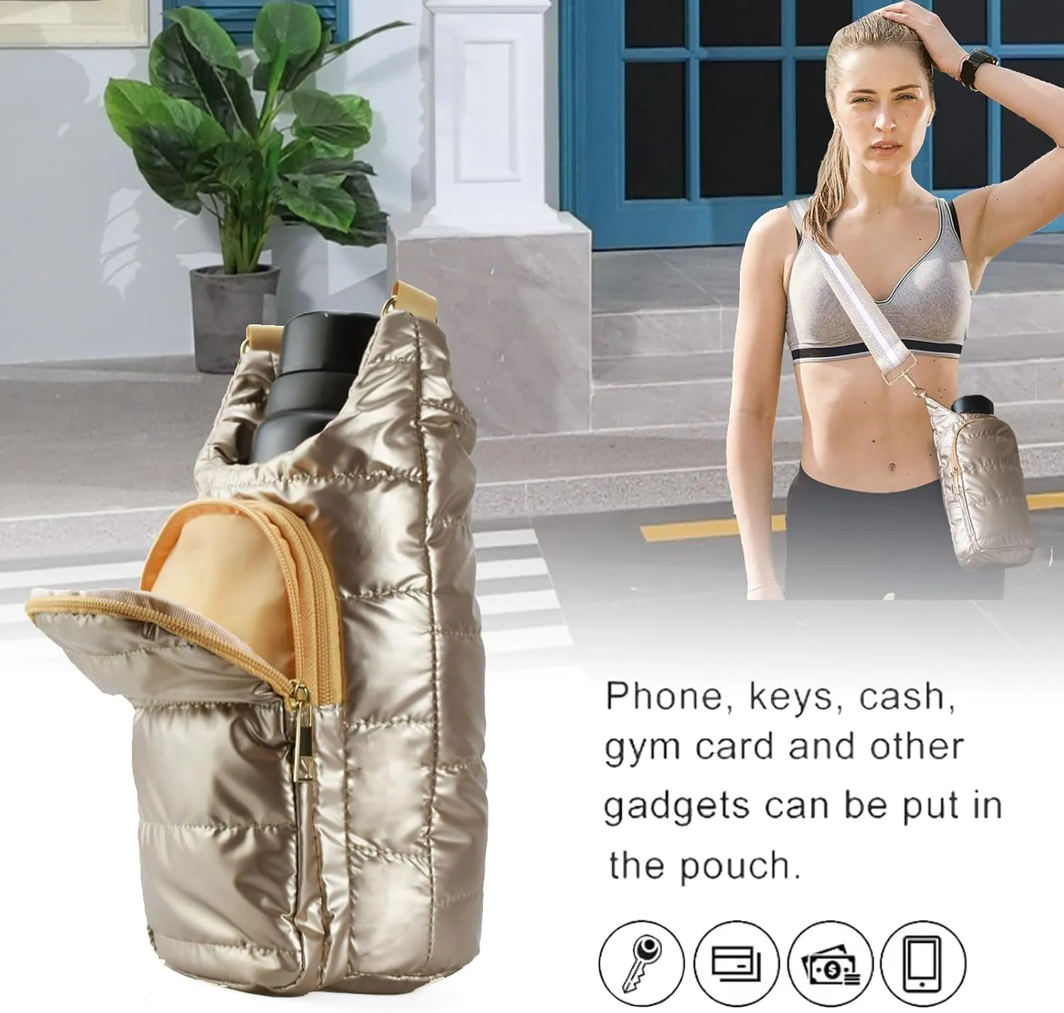 Puffer Water Bottle Holder Quilted Hydrobag Sports Pouch Bag with Adjustable Shoulder Strap Flask Sling Bag