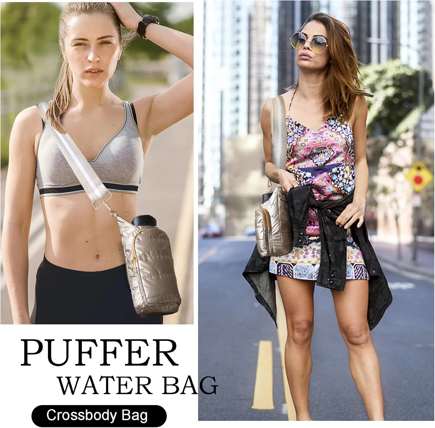 Puffer Water Bottle Holder Quilted Hydrobag Sports Pouch Bag with Adjustable Shoulder Strap Flask Sling Bag