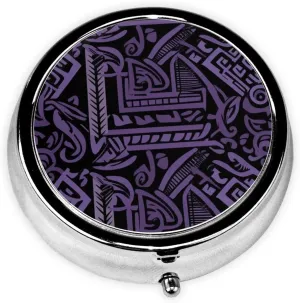 Purple and Black Greek Pattern Pill Box Round Pill Case for Pocket Purse 3 Compartment Medicine Pill Organizer Cute Portable Travel Pillbox Vitamin Cod Liver Oil Storage Box Unique Gift Organizer