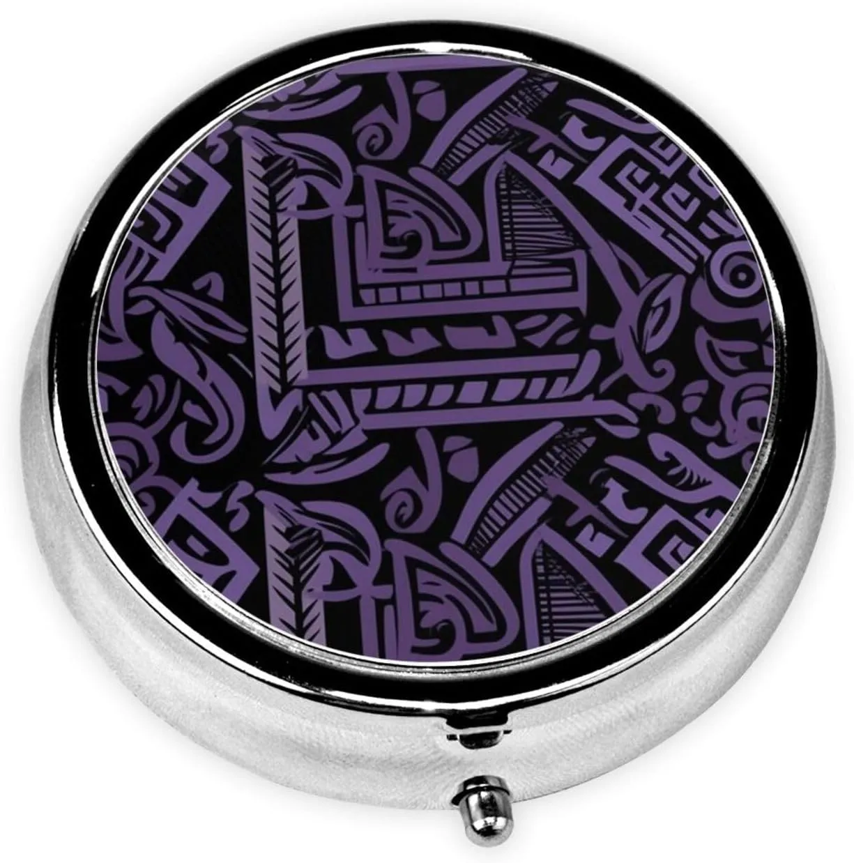 Purple and Black Greek Pattern Pill Box Round Pill Case for Pocket Purse 3 Compartment Medicine Pill Organizer Cute Portable Travel Pillbox Vitamin Cod Liver Oil Storage Box Unique Gift Organizer
