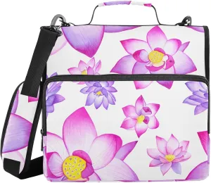 Purple Floral White 3 Ring Zipper Binder with Shoulder Strap Portfolio Binder Case for School Office Supplies Storage