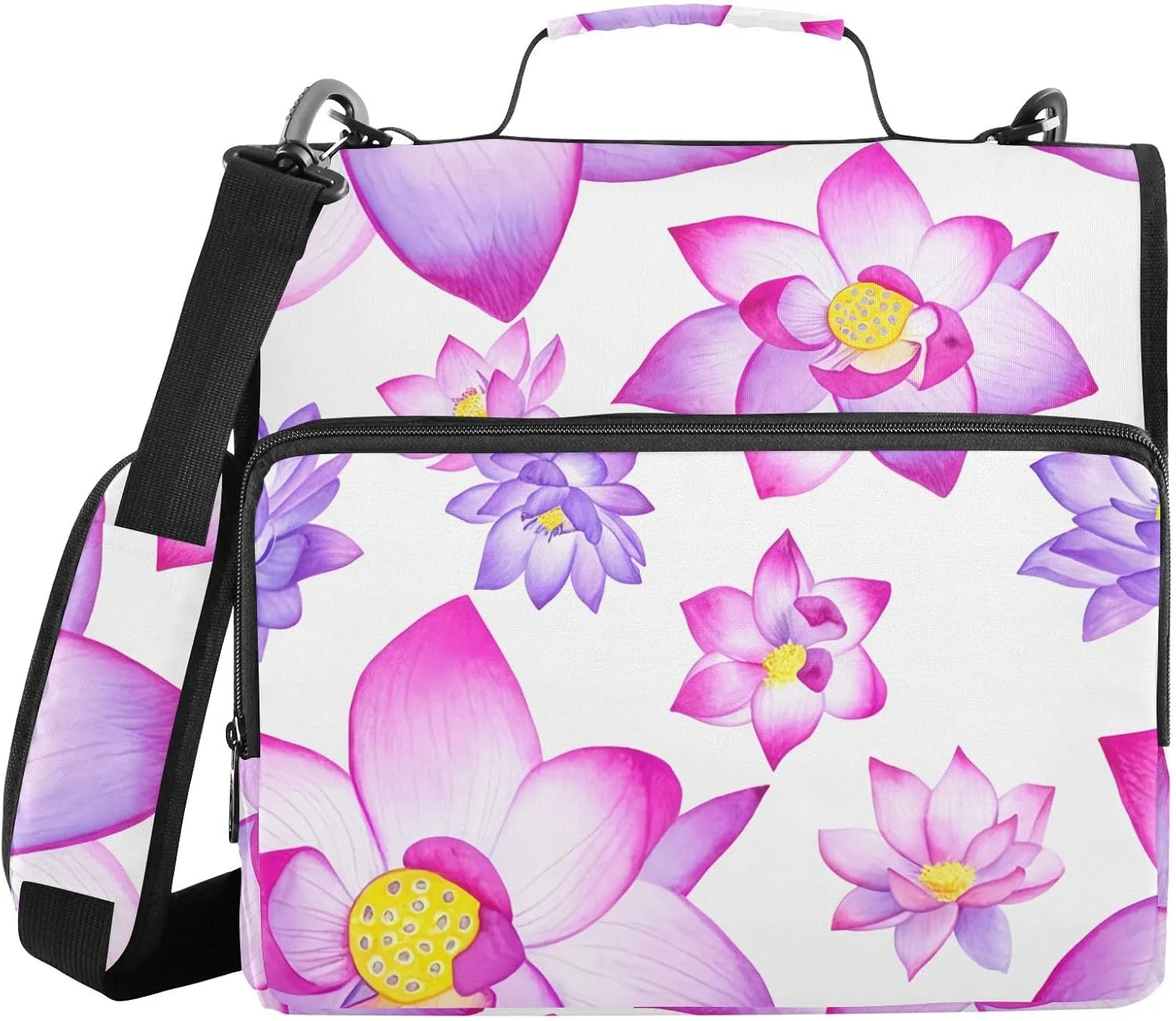 Purple Floral White 3 Ring Zipper Binder with Shoulder Strap Portfolio Binder Case for School Office Supplies Storage