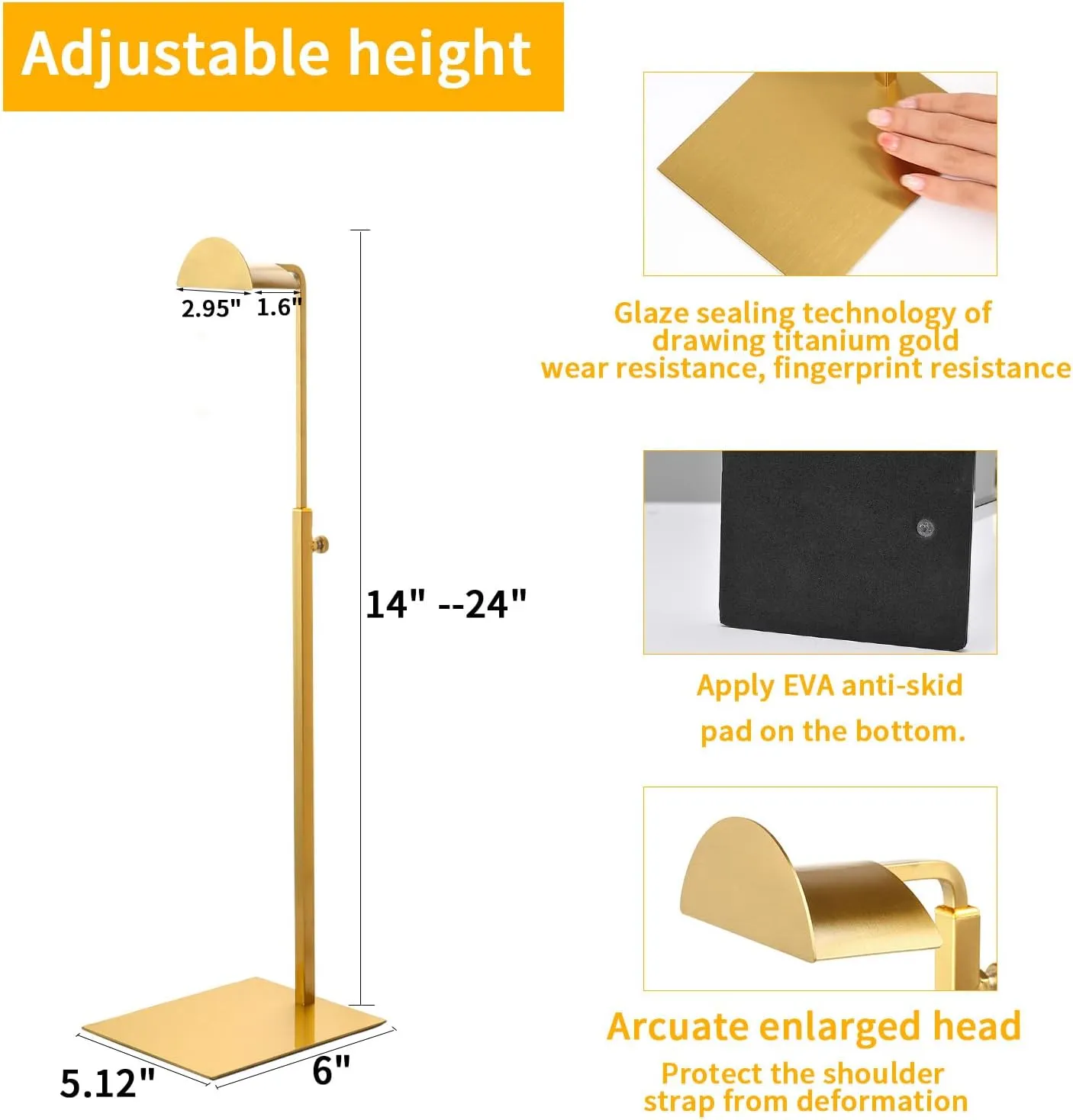 Purse Display Stands, 3 Pack Gold Purse Display Rack Stainless Steel Handbag Display Stand Adjustable Height Bag Display Stand Holder Anti-fingerprint for Retail Boutiques Commercial Store