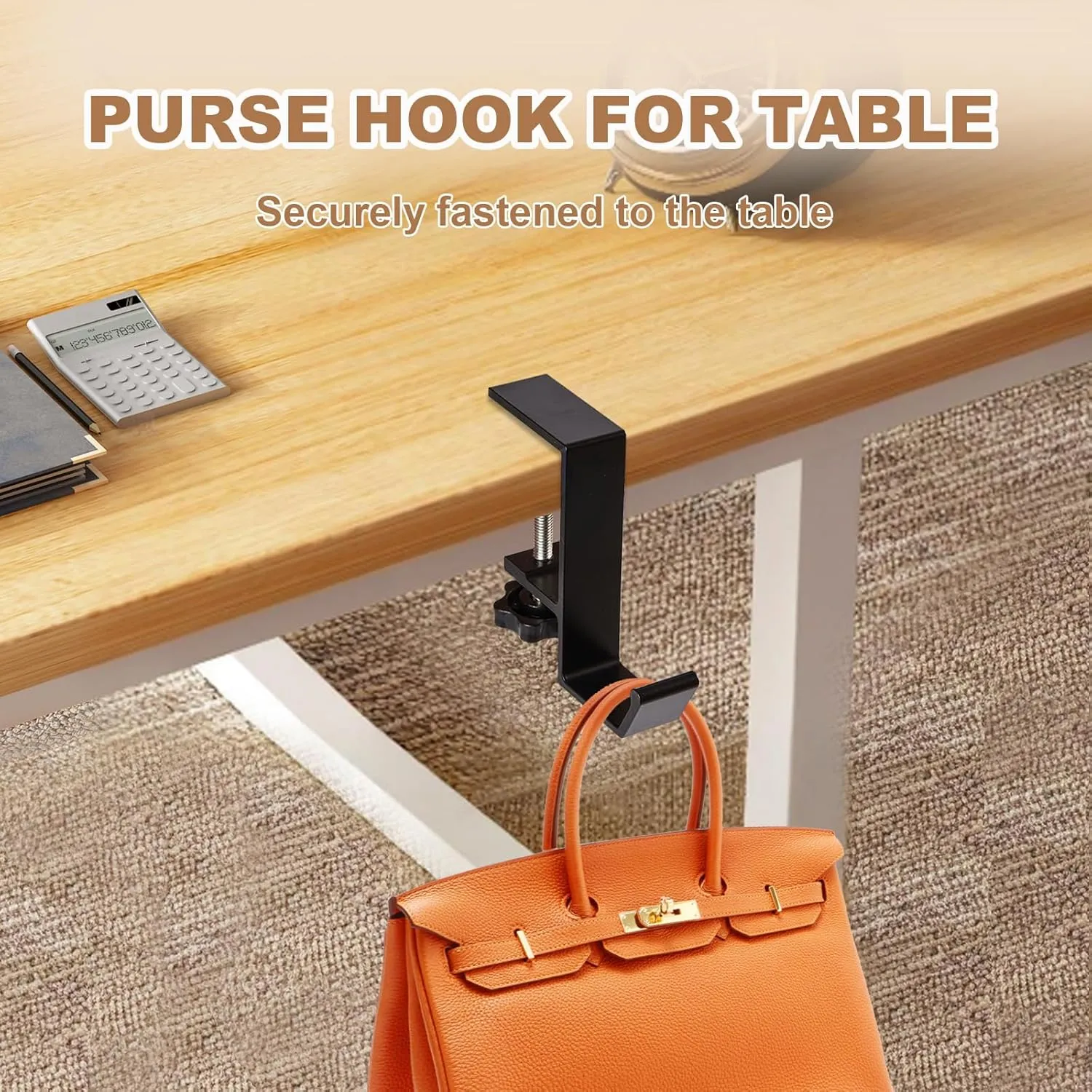 Purse Hook Holder for Table Purse Hanger Bag Backpack Hook for Desk Women's Handbag Hangers, Metal Adjustable Arm Clamp-on Under Desk Hooks for Hanging 4 Pcs