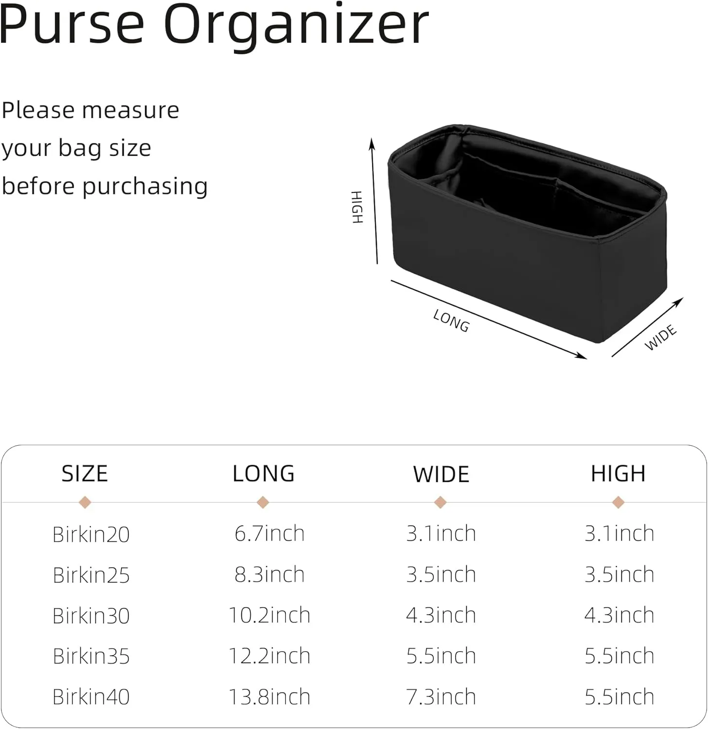 Purse Organizer for Birkin 20/25/30/35/40,Silky Smooth Insert,Lightweight Bag in Bag,Luxury Handbag Storage Accessories(Birkin 30,Black)