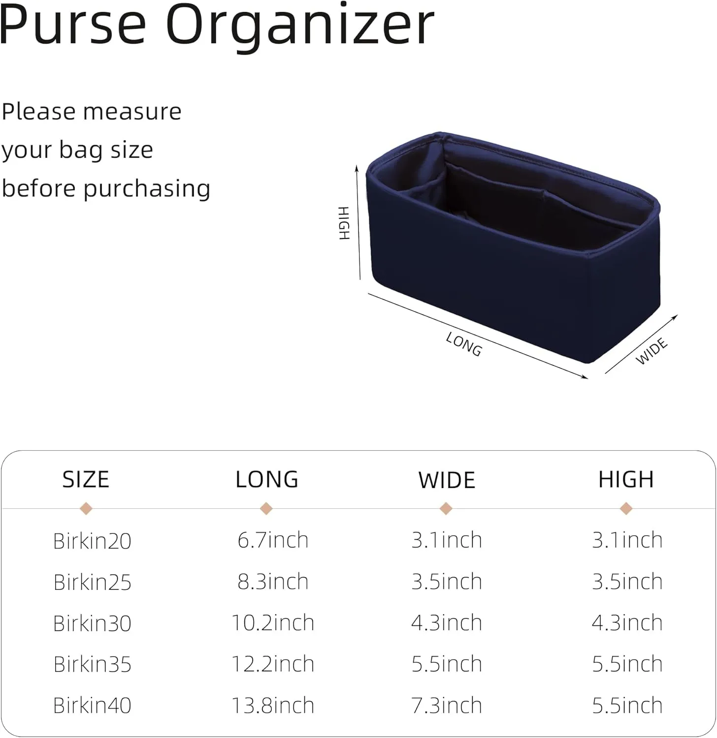 Purse Organizer for Birkin 20/25/30/35/40,Silky Smooth Insert,Lightweight Bag in Bag,Luxury Handbag Storage Accessories(Birkin 30,Blue Nuit)