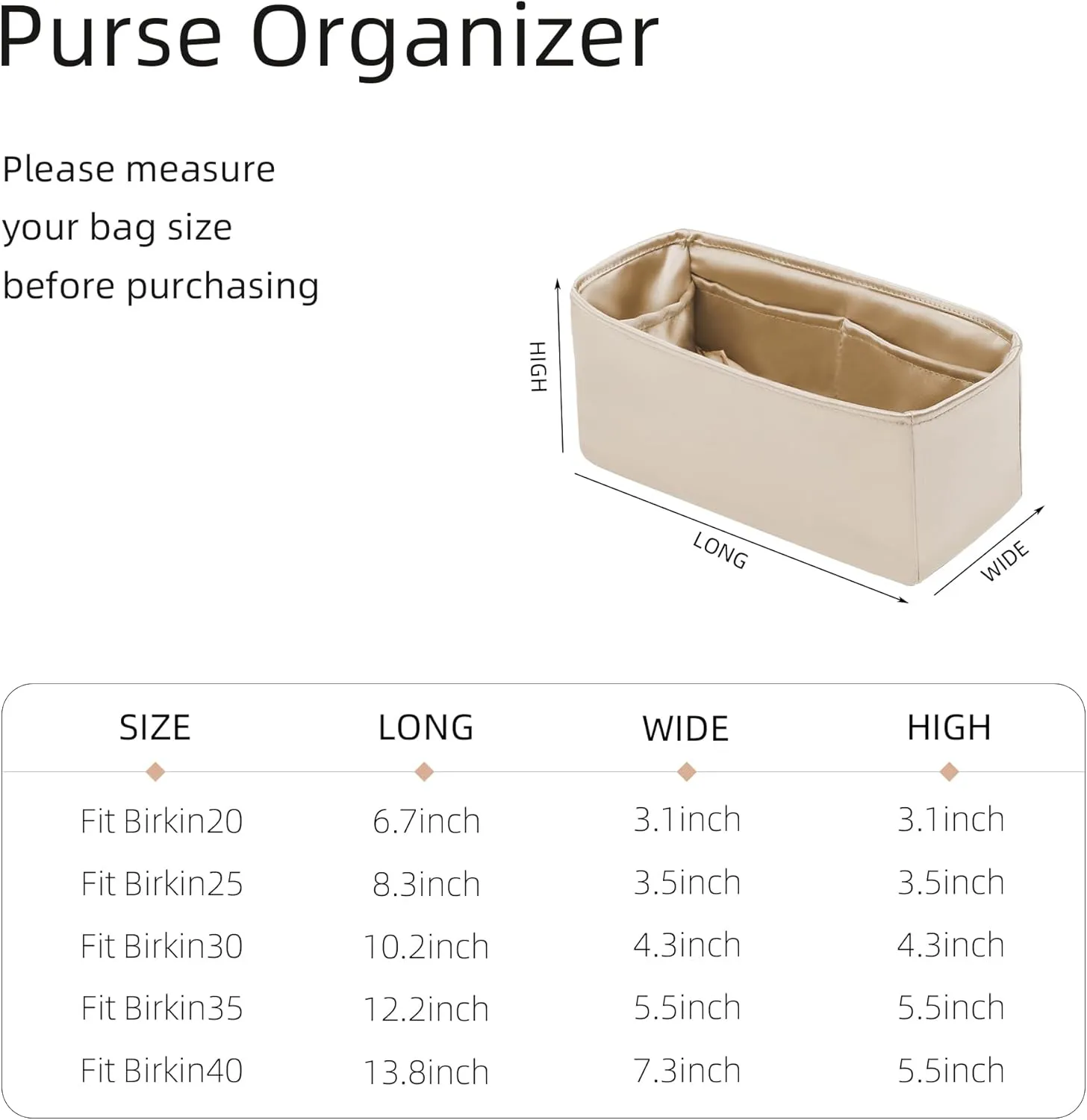 Purse Organizer for Birkin 20/25/30/35/40,Silky Smooth Insert,Lightweight Bag in Bag,Luxury Handbag Storage Accessories(Birkin 30,Champagne)