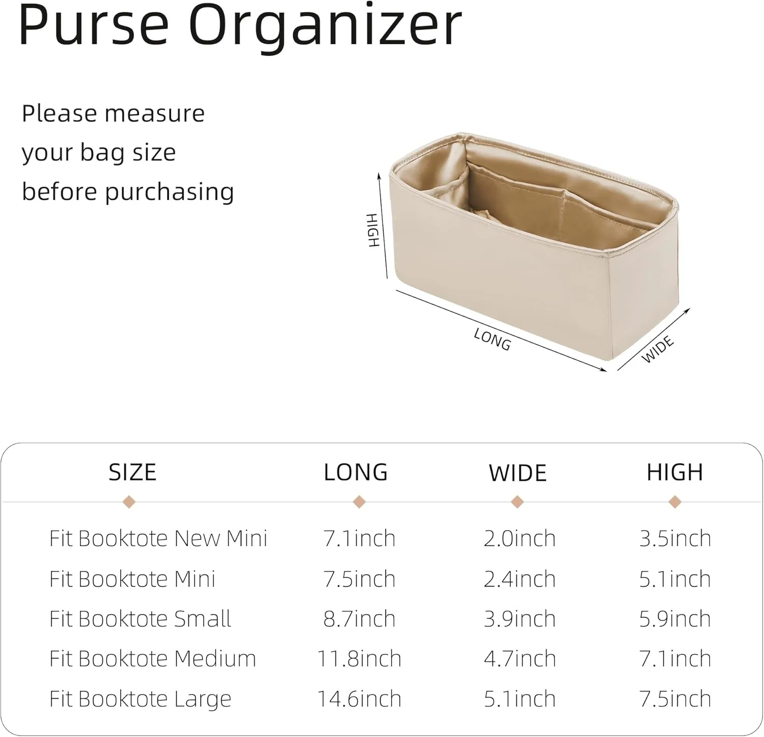 Purse Organizer for Dior Book Tote Mini/Small/Medium/Large,Silky Smooth Insert,Lightweight Bag in Bag,Luxury Handbag Storage Accessories(Medium,Champagne)