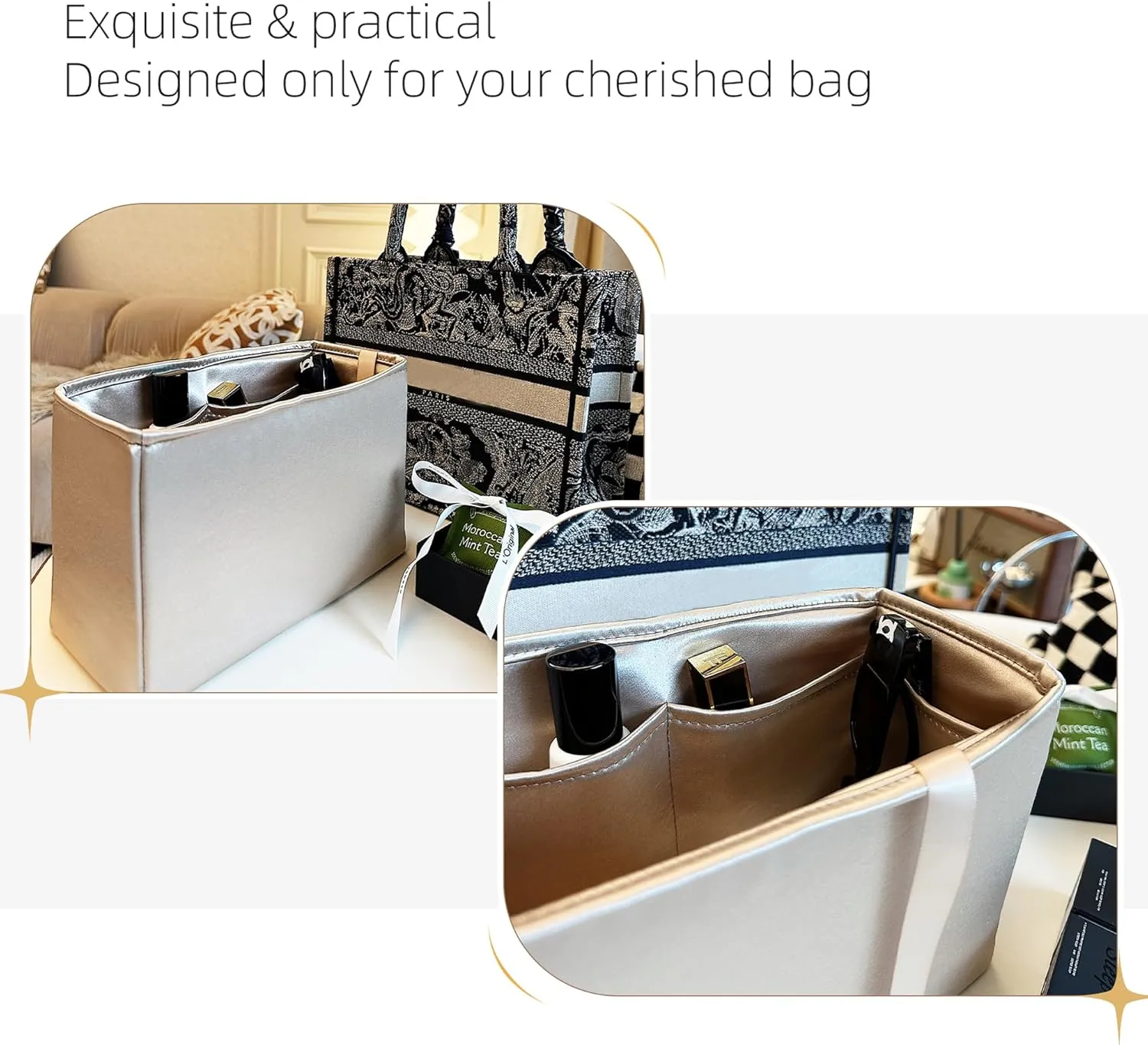 Purse Organizer for Dior Book Tote Mini/Small/Medium/Large,Silky Smooth Insert,Lightweight Bag in Bag,Luxury Handbag Storage Accessories(Medium,Champagne)