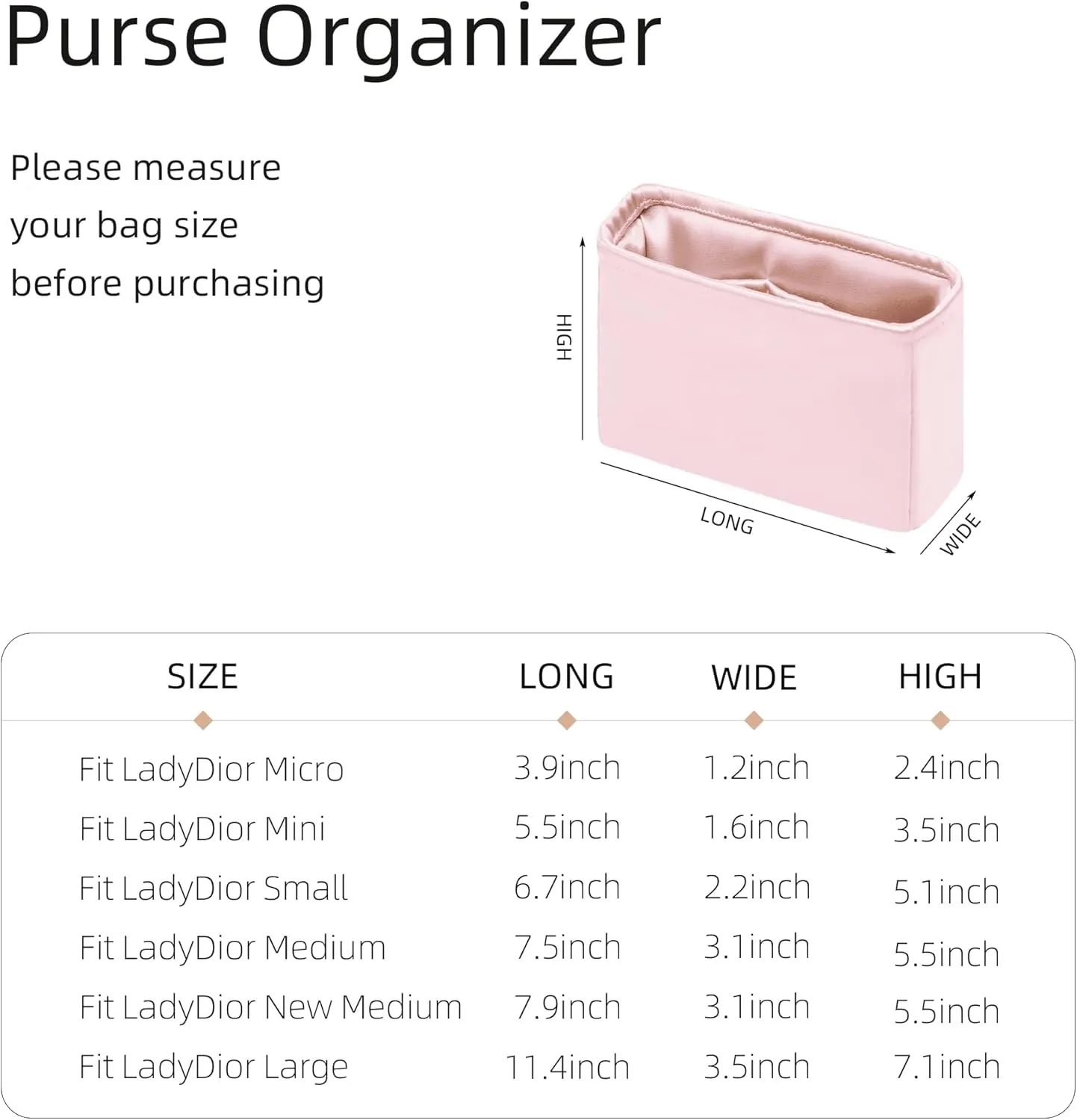 Purse Organizer for Lady Dior Micro/Mini/Small/Medium/Large,Silky Smooth Insert,Lightweight Bag in Bag,Luxury Handbag Storage Accessories(Medium,Pink)