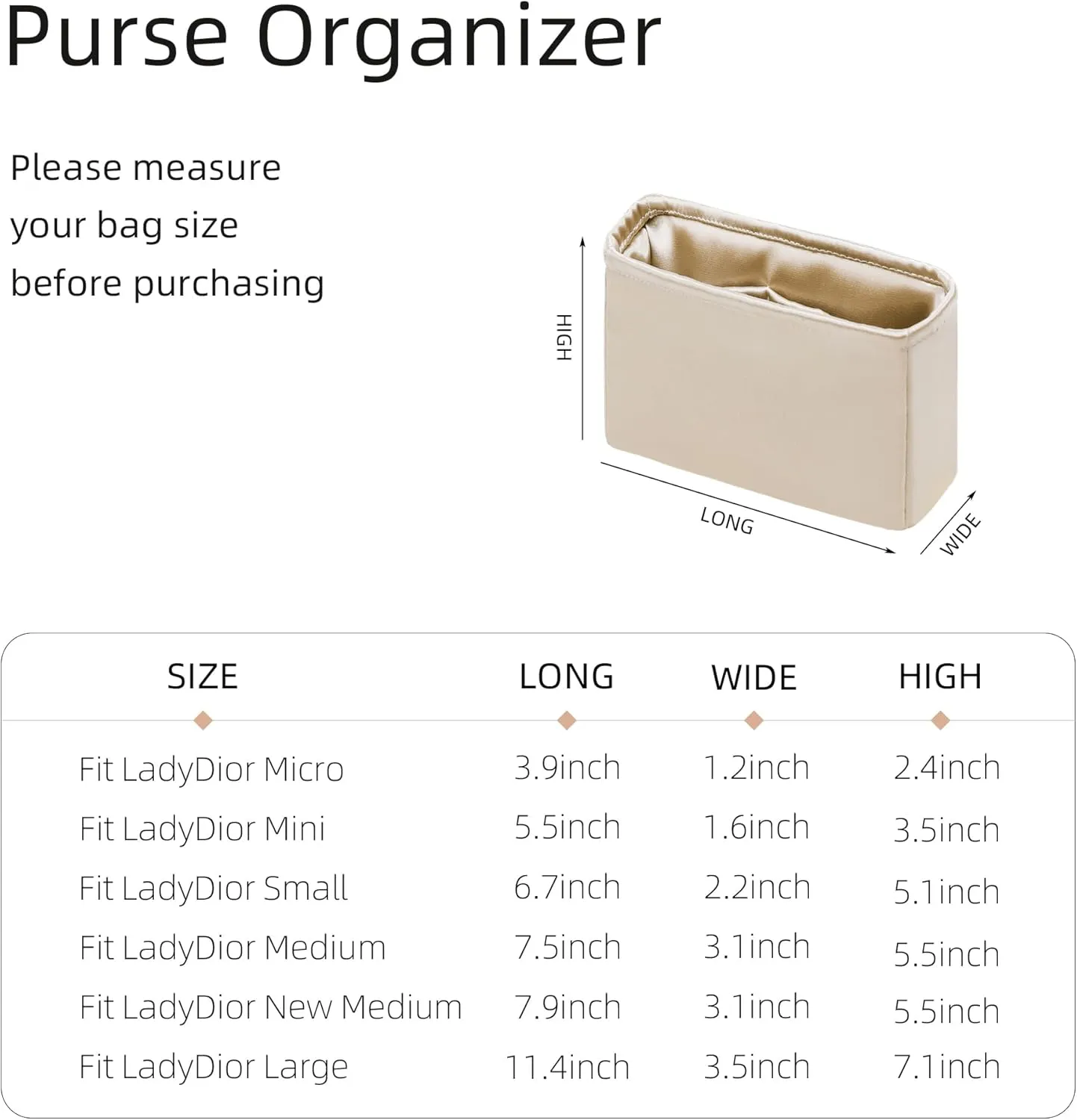 Purse Organizer for Lady Dior Micro/Mini/Small/Medium/Large,Silky Smooth Insert,Lightweight Bag in Bag,Luxury Handbag Storage Accessories(Small,Champagne)