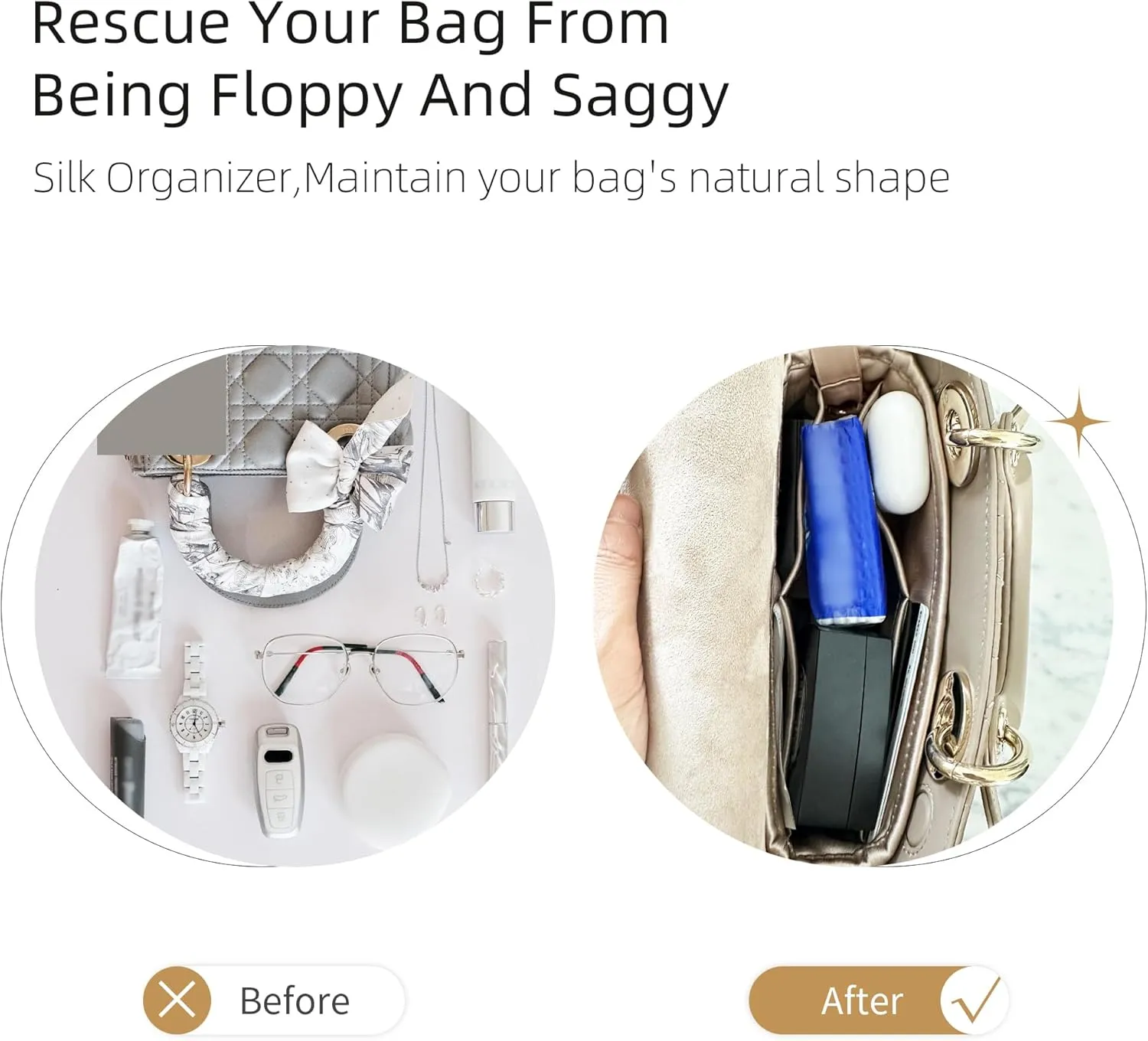 Purse Organizer for Lady Dior Micro/Mini/Small/Medium/Large,Silky Smooth Insert,Lightweight Bag in Bag,Luxury Handbag Storage Accessories(Small,Champagne)