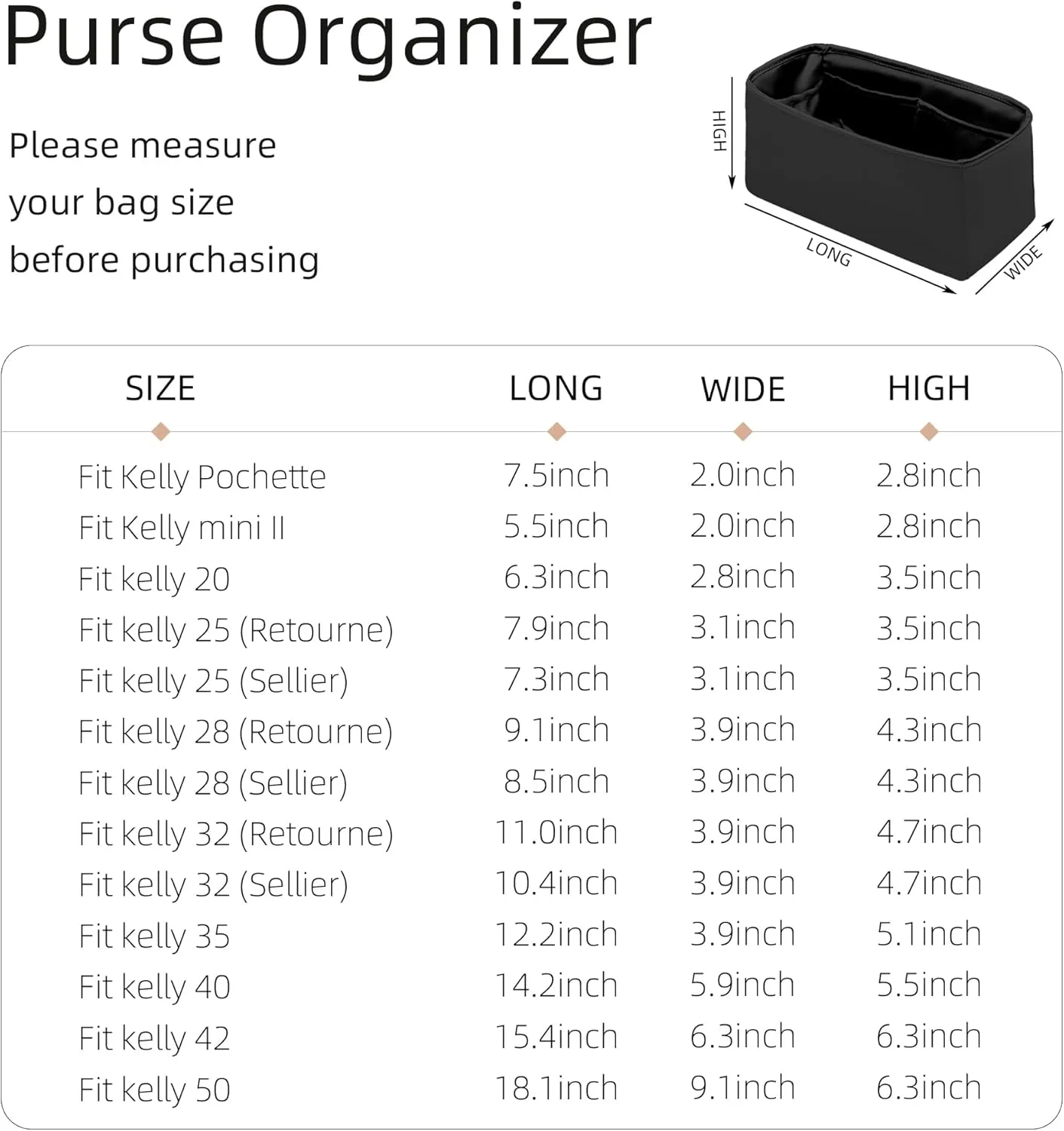 Purse Organizer for Mini Kelly 20/25/28/32/35/40/42/50,Silky Smooth Insert,Lightweight Bag in Bag,Luxury Handbag Storage Accessories(Kelly Mini 2,Black)
