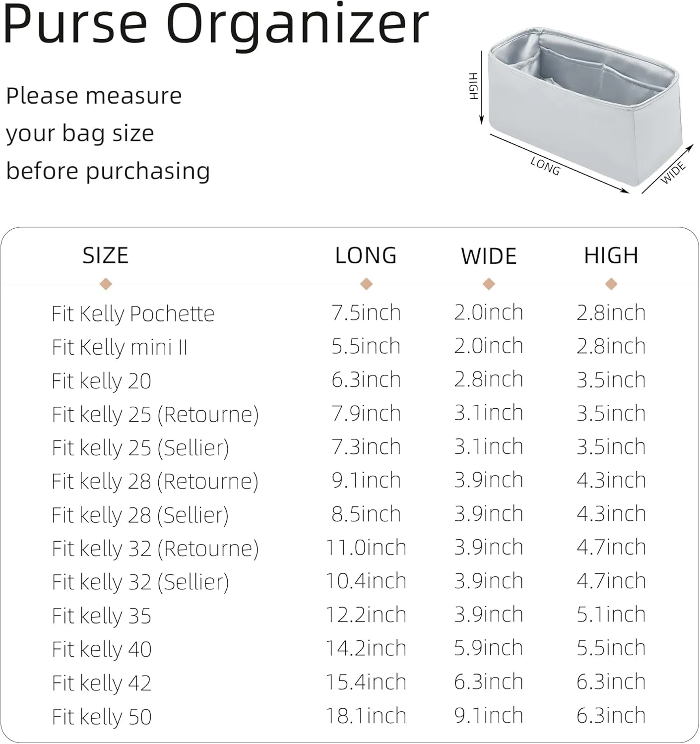 Purse Organizer for Mini Kelly 20/25/28/32/35/40/42/50,Silky Smooth Insert,Lightweight Bag in Bag,Luxury Handbag Storage Accessories(Kelly Mini 2,Blue Pale)