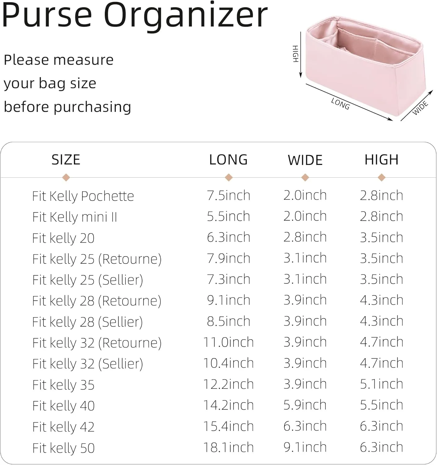 Purse Organizer for Mini Kelly 20/25/28/32/35/40/42/50,Silky Smooth Insert,Lightweight Bag in Bag,Luxury Handbag Storage Accessories(Kelly Mini 2,Pink)