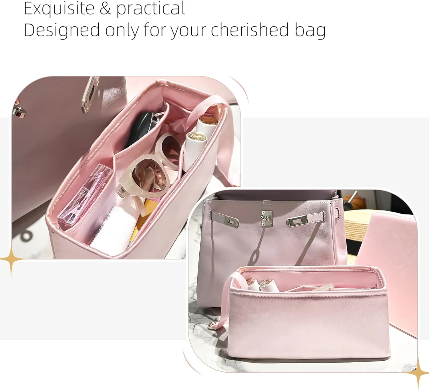 Purse Organizer for Mini Kelly 20/25/28/32/35/40/42/50,Silky Smooth Insert,Lightweight Bag in Bag,Luxury Handbag Storage Accessories(Kelly Mini 2,Pink)